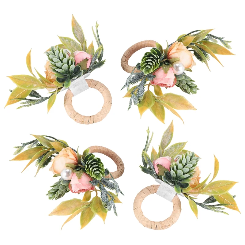 

Double Rose Napkin Rings Set Of 4, Pink Flower Napkin Rings With Berries And Green Leaves Handmade Napkin Ring Holders
