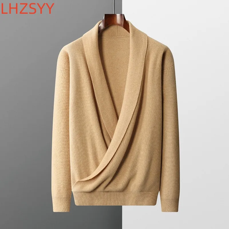 LHZSYY New Men' Cashmere Sweater V-Neck Loose Jumper Winter Thicken Pure Wool Knit Pullover Youth Scarf Neck Business Casual Top