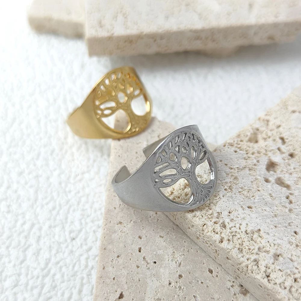 

Stainless Steel Gold Silver Round Hollow Tree Of Life Ring For Women Man Party Engagement Wedding Romantic Fashion Jewelry Gift