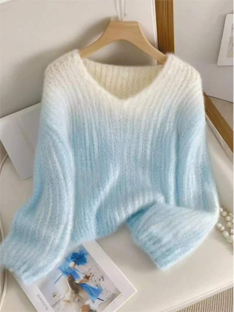 Женский трикотажный пуловер Bomon свободный синий свитер с V-образным вырезом и