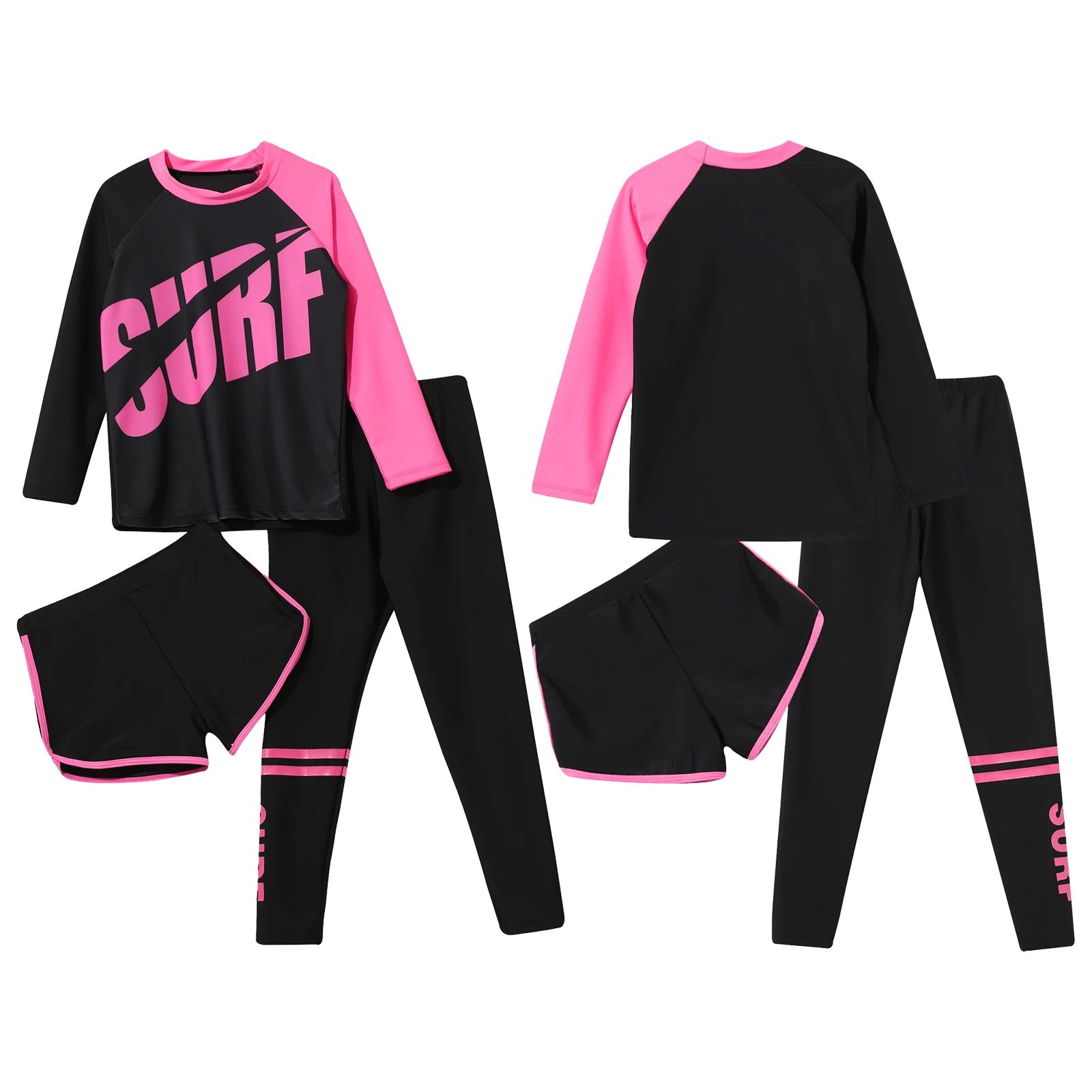 Kids Girls Rash Guard Swimming Outfit 3Pcs Swimsuit Swimwear Summer Sun Protection Quickly Dry Long Sleeve Top+Shorts+Pants Sets