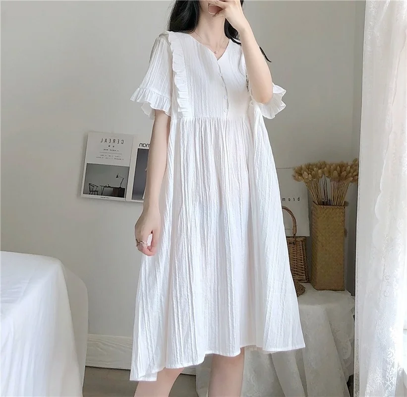 2022 Summer Women's Kawaii Pajamas Nightdress Cotton Floral O-neck Thin Night Gown Homewear Vestidos Women Sleepwear Maxi Dress