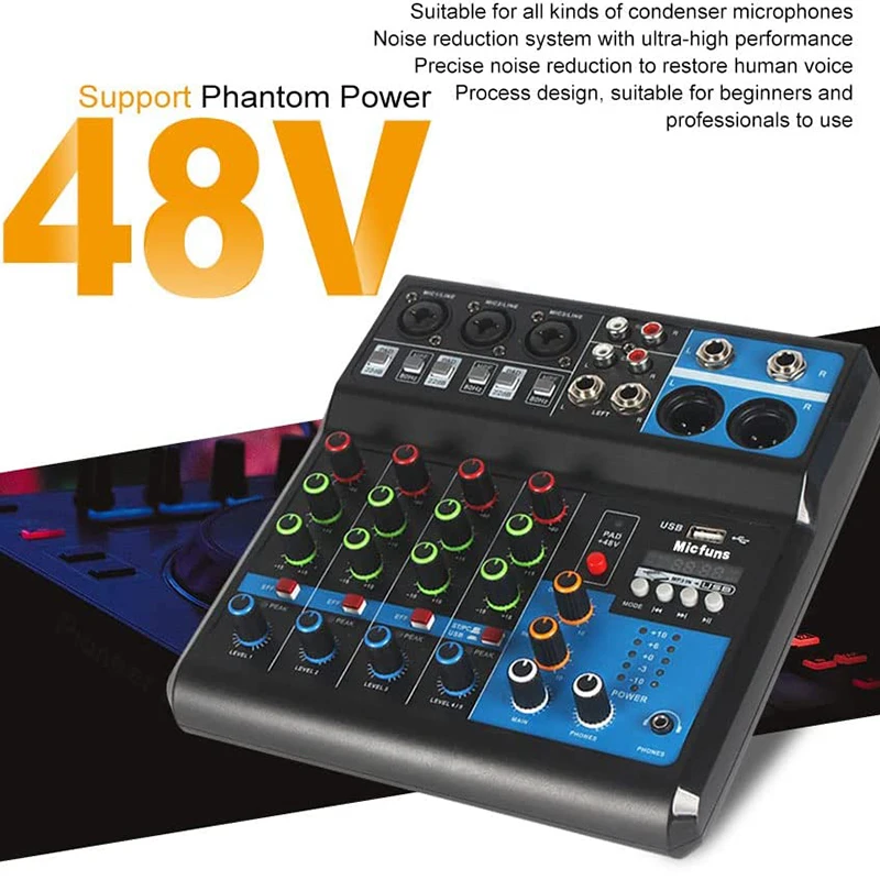 

DJ Mixer for Live Party DJ Mixer 48V Phantom Power Aux Path Plus Effects Processor Interface De Audio Console 5-Channel USB