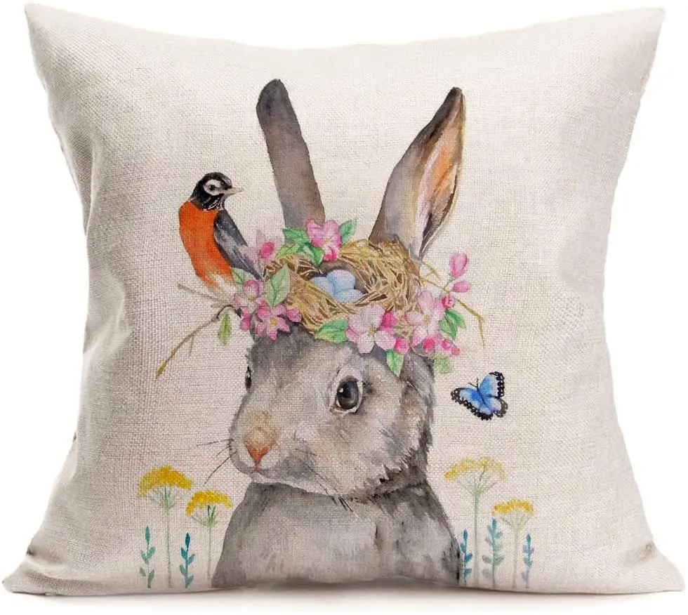 

Spring Summer Wild Animals Rabbit Decor Pillow Covers Watercolor Easter Adorable Rabbit Bunny Bird Garland Flower Wreath Cotton