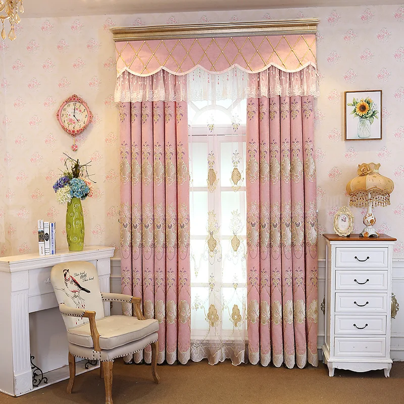 

European Chenille Embroidered Pink Girl Shading Curtains for Living Dining Room Bedroom.
