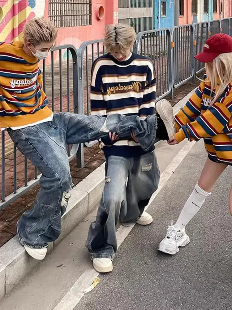 American Fashion Brand Retro Letters Contrast Color Stripe Round neck sweater Men's and Women's Autumn Winter Lazy Loose ...