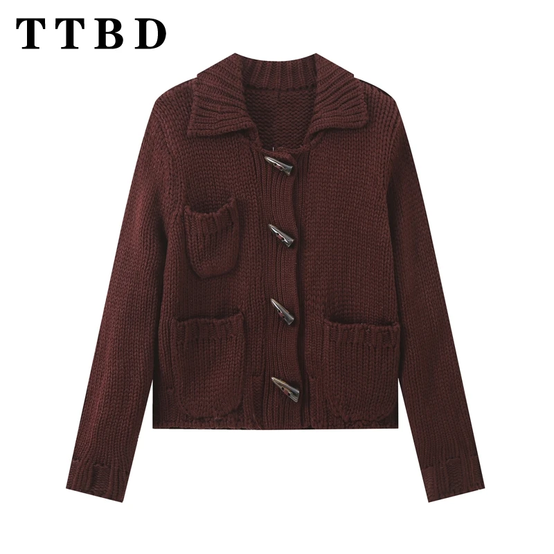 TTBD 2024 осенний женский повседневный вязаный однобортный кардиган винтажный