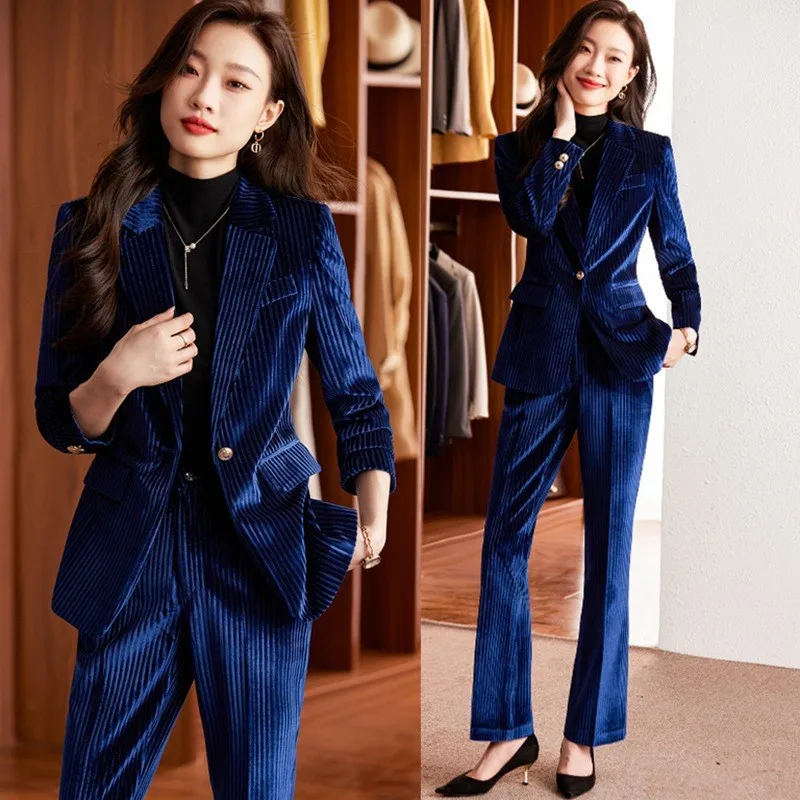 High-end velvet suit jacket women's two-piece spring and autumn fashion temperament European goods high-grade professional suit