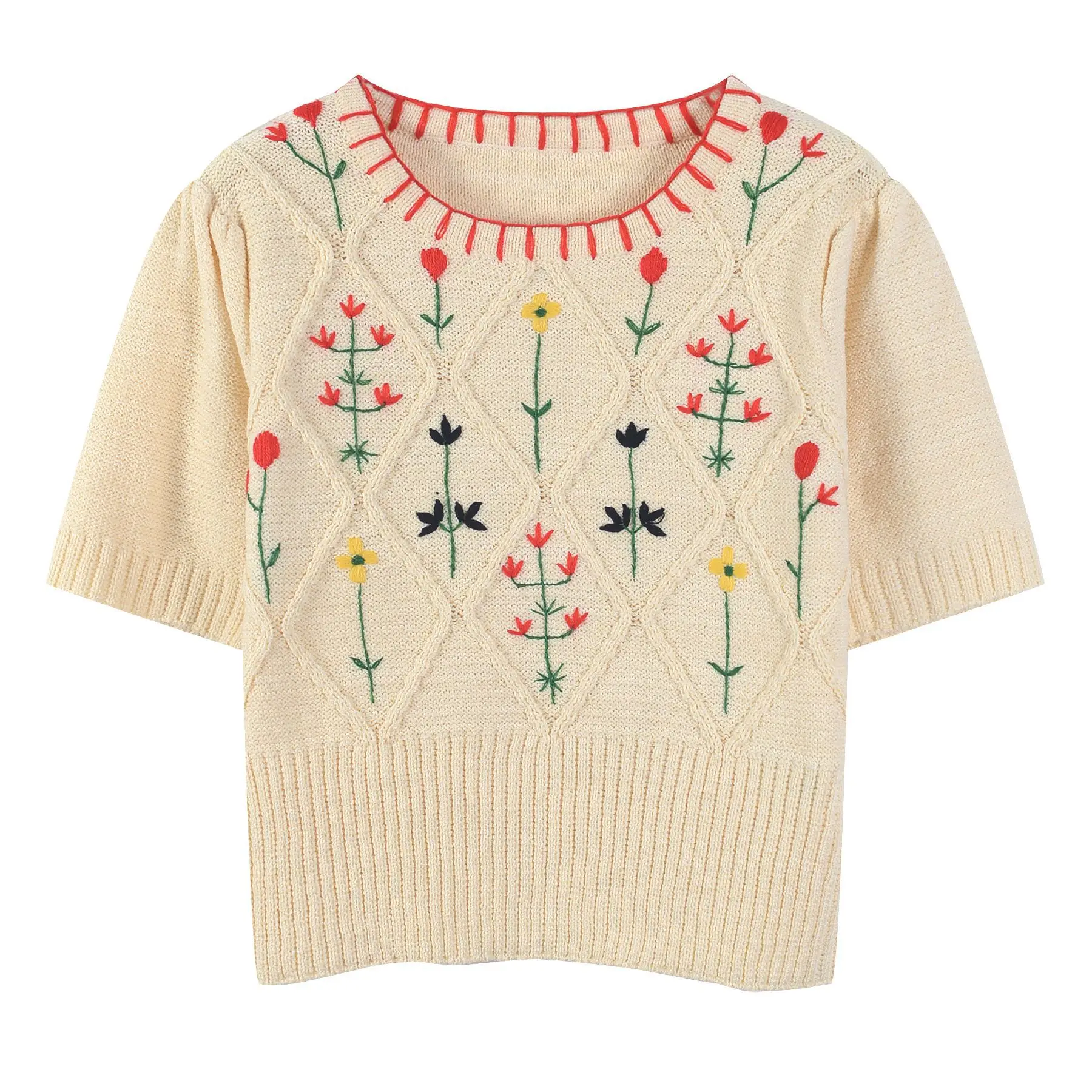 

Spring Sweet Women's High Quality Floral Embrodery Knitted T-shirt Tops B404