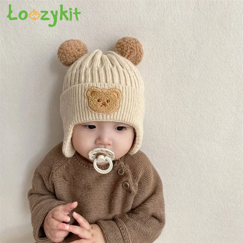 

Korean Knitted Baby Cap With Earflaps Cute Bear Pompom Kids Hat Beanie Warm Autumn Winter Boys Girls Ear Protection Bonnet Caps