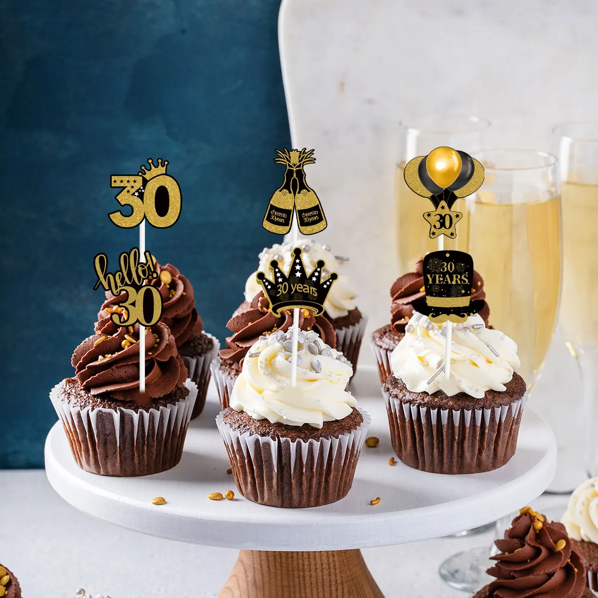 Топперы для капкейков из черного золота 18 21 30 40 50 60 70 80 лет 12 шт.