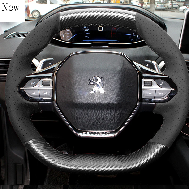 

For Peugeot 4008 5008 Hand-stitched Cowhide Carbon Fiber Microfiber Leather Car Steering Wheel Cover Interior Car Accessories
