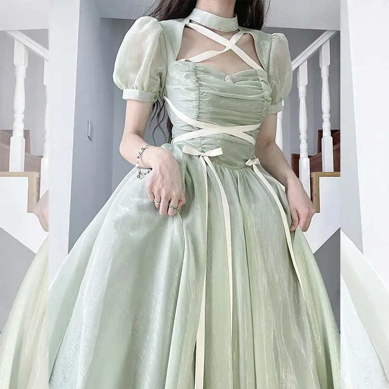 French Elegant Lolita Vintage Dress 2023 Summer New Bow Sweet Lacing-up Mori Girl Style Short Sleeve Maxi Dresses For Women