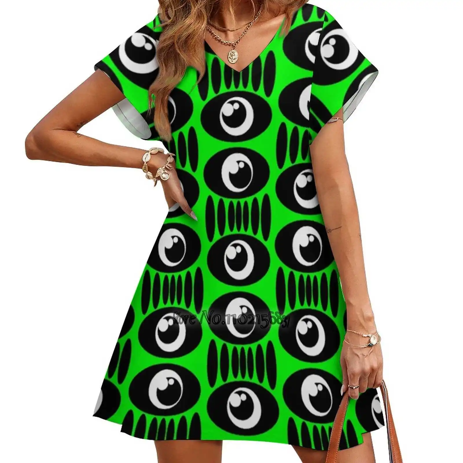 

Свободная юбка с рисунком странного глаза, сексуальная юбка с V-образным вырезом и коротким рукавом, свободное платье-трапеция, легкое и дыш...