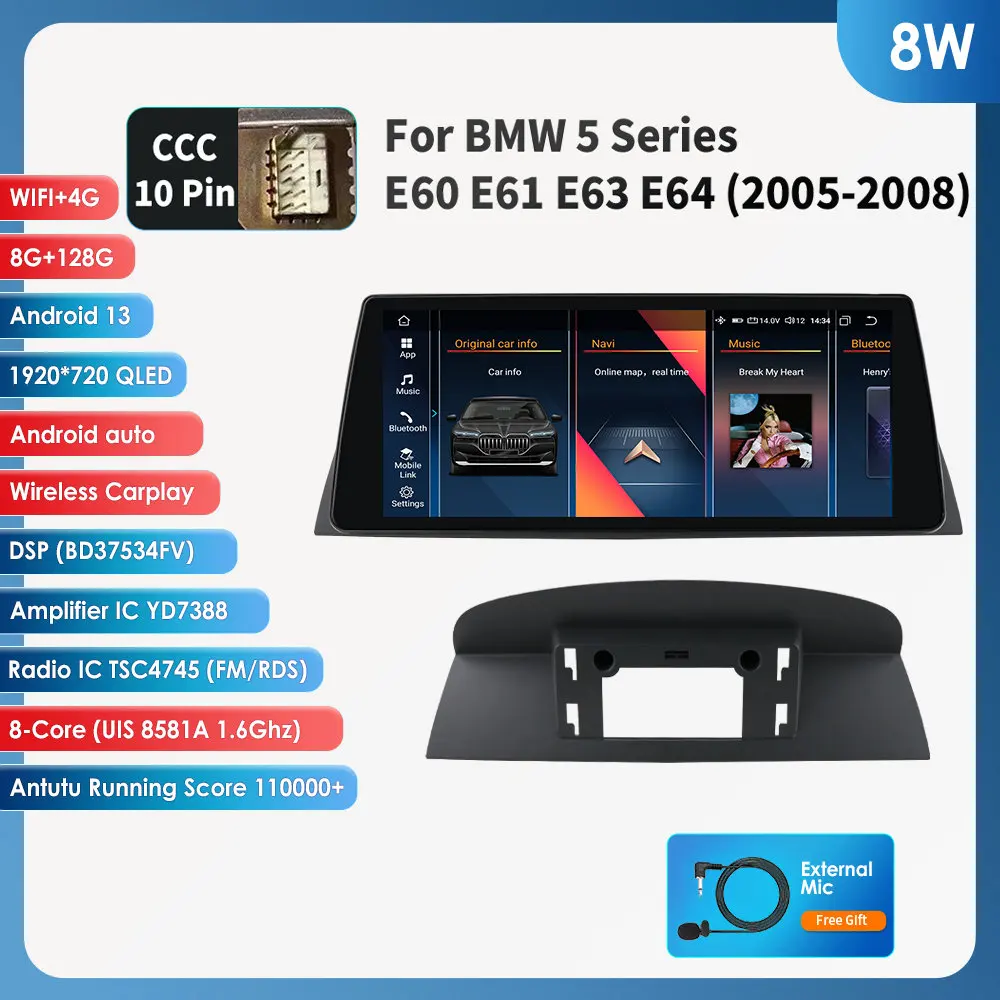 

Автомобильный радиоприемник 10,33 'Android для BMW 5 серии E60 E61 E63 E64 E90 E91 E92 E93 CCC CIC мультимедийный видеоплеер Navi GPS Carplay 4G