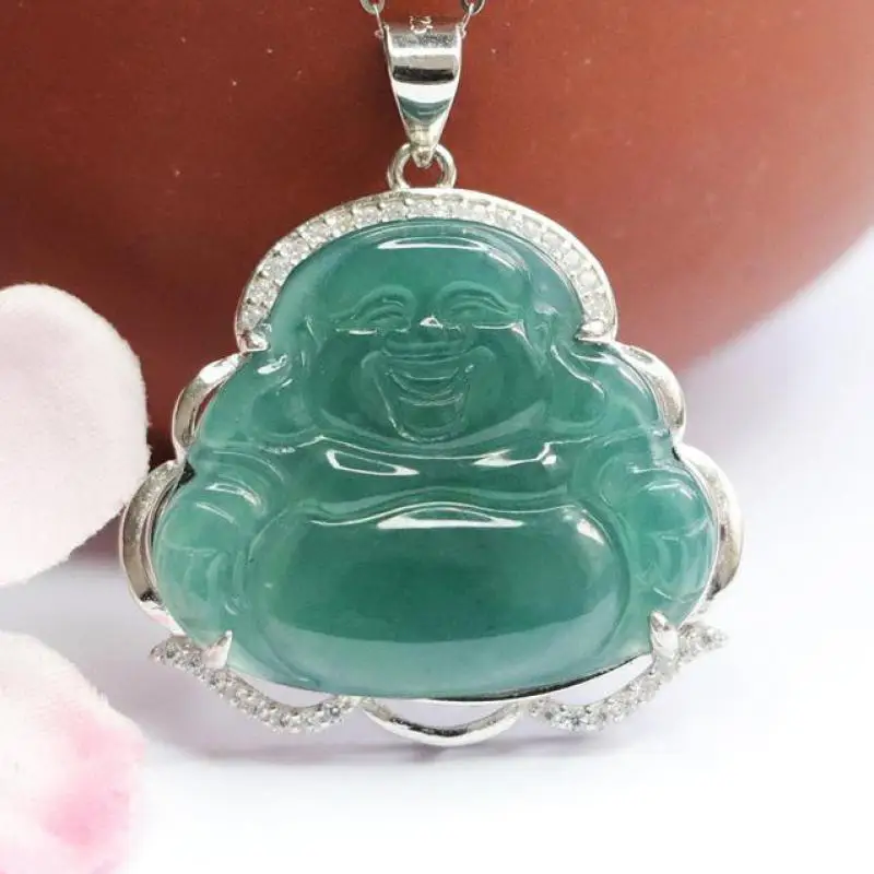 

Certified Burma Blue Jade Buddha Pendant Necklace S925 Sterling Silver High Ice Grade A Myanmar Jadeite Jewelry With Certificate