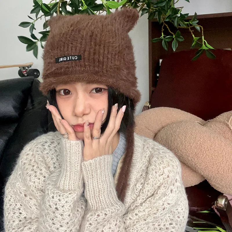 

New Cute Cat Ear Hat Women Korean Sweet Lace-up Imitation Mink Winter Beanie Cap All-match Warm Plush Ear Protection Hats Trend