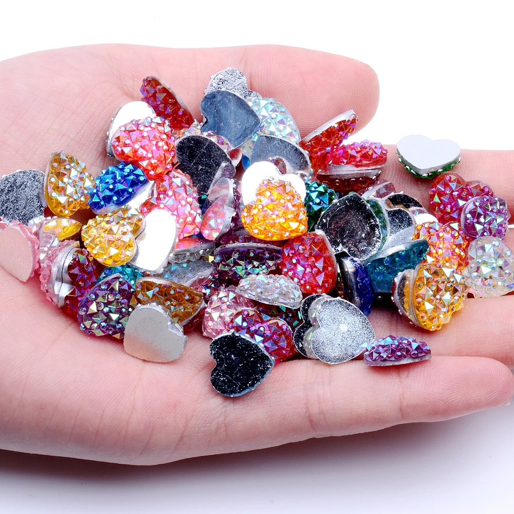 

12mm 40pcs Heart Shape High Luster Resin Rhinestone Flatback Gems Fashion Glue On DIY Decorations Material New Beads