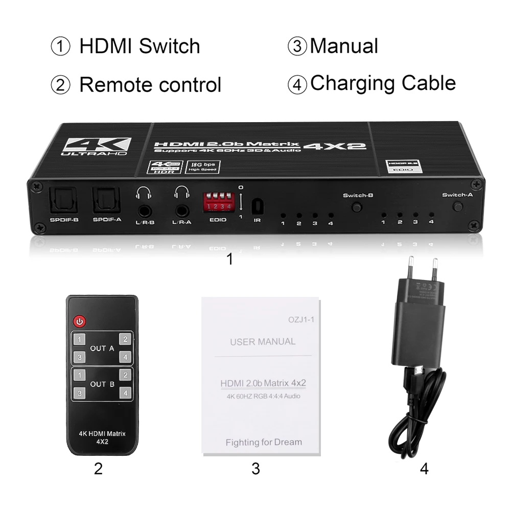 Матричный Коммутатор HDMI 4K @ 60 Гц сплиттер ИК-пульт дистанционного управления 4x2 с