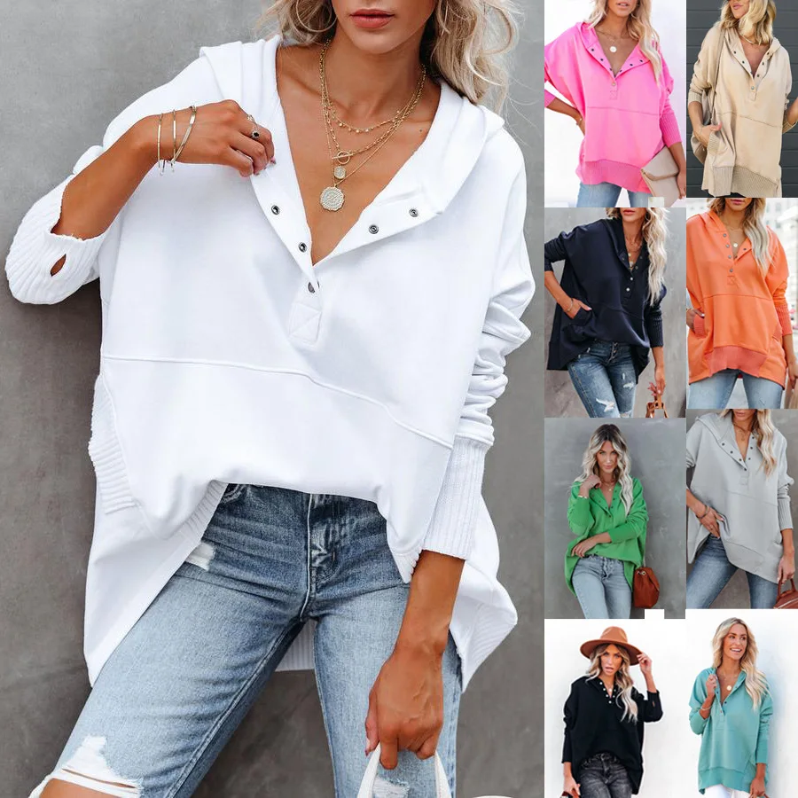 

New European and American Autumn Winter Women's Commuting Solid Color V-neck Hooded Bat Sleeve Hoodie Loose Thread Stitching Top