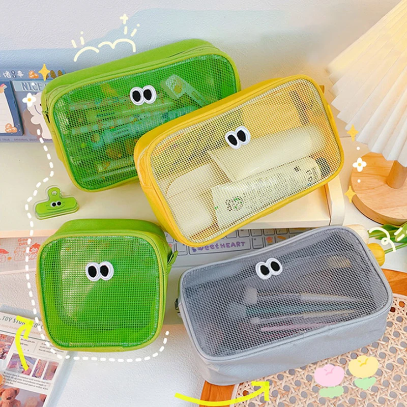 Mesh Office Supplies Bag Zipper Travel Pouch Cute Big Eyes Pen Case For Home Pencil Study Accessories Organizer