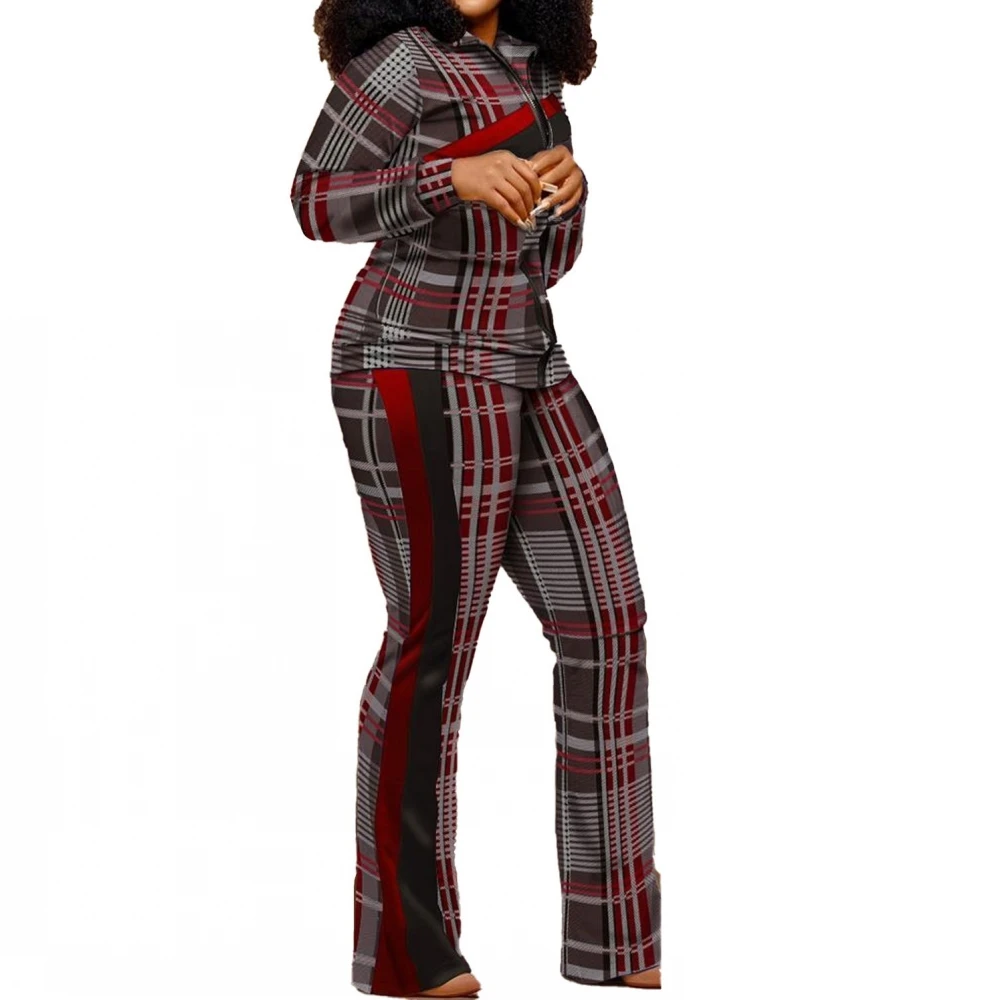 

2 Pieces Women's Sets Dashiki African Autumn Winter Grid Long Sleeve Coat Women Suit Tops And Pants Two Piece Suit Tracksuit