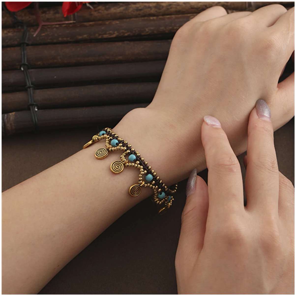 

For Women Free Shipping Bohemian Style Turquoise Thai Wax Rope Hand-woven Copper Fittings Copper Beads Ladies Bracelet