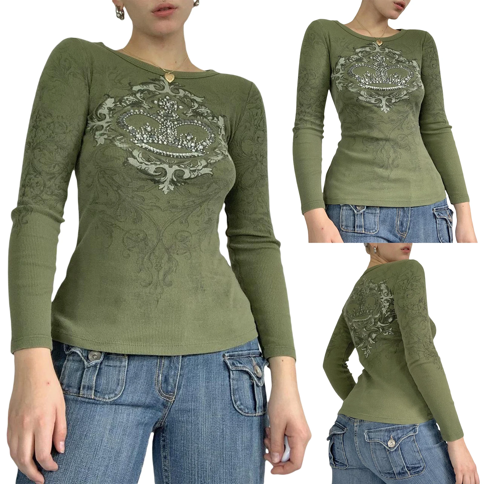 

Women Fashion Wild T-Shirts Graphic Print Round Neck Long Sleeve Bottoming Shirts Spring Autumn Slim Fit Tops Streetwear