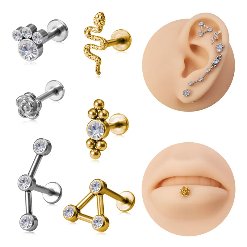 

1PC Zircon Labret Lip Stud Piercing Ring Ear Cartilage Earring Surgical Steel Bar Rose Tragus Helix Monroe Punk Body Jewelry 16G