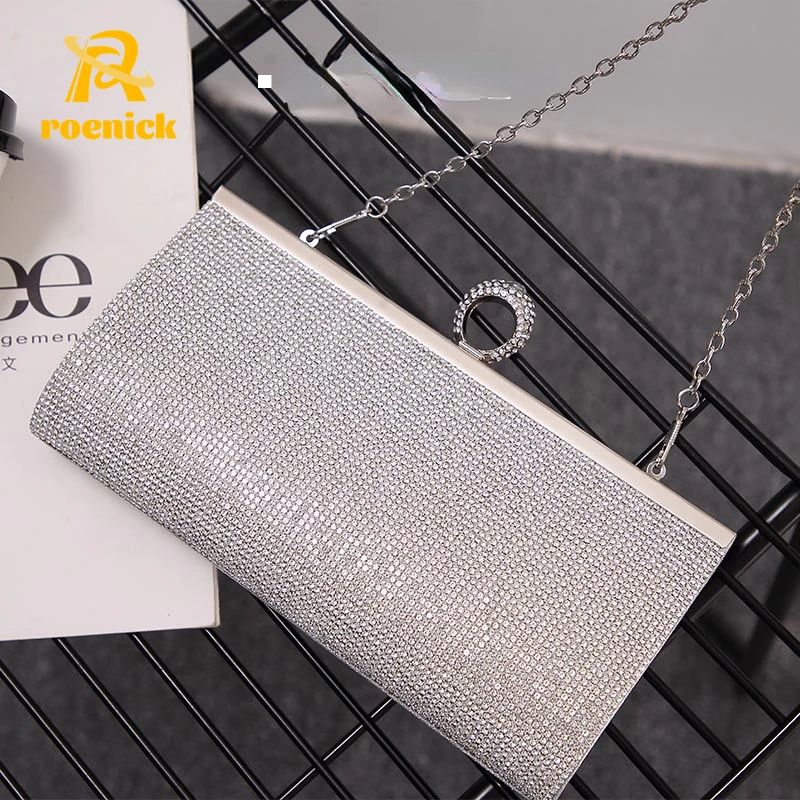 ROENICK Women Diamond Beaded Evening Bags Banquet Chain Shoulder Messenger Wallet Silver Party Cocktail Wedding Mini Minaudiere