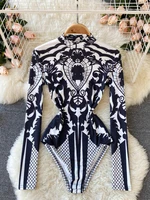 women bodysuit 2021 new autumn fashion stand collar long sleeve body top casual streetwear floral print sexy skinny bodycon tops