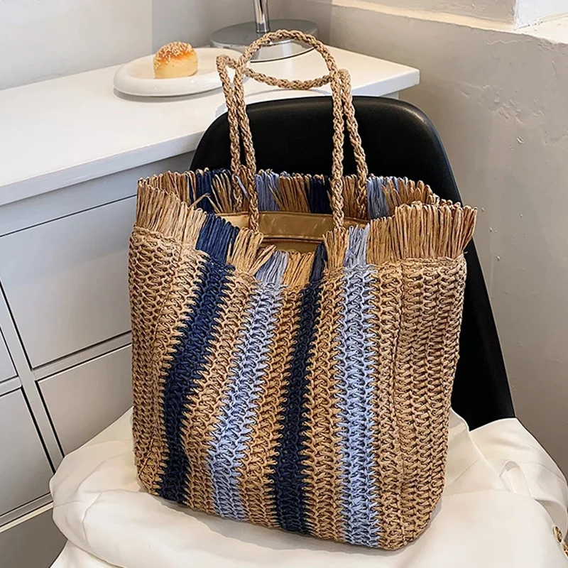 

Striped Beach Straw Bag Large Capacity Shoulder Bag For Women Handmade Woven Handbag Raffia Rattan Bag Vacation Casual Tote Bag
