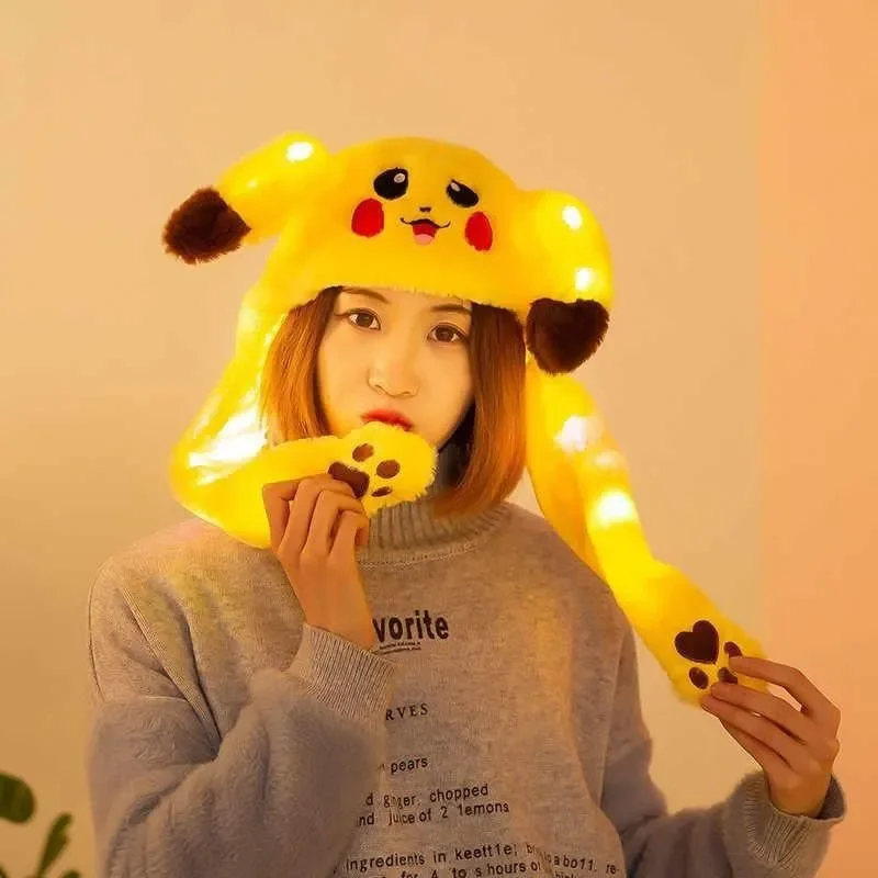 Pokemon Cartoon Glowing Hat Cute Pikachu Children Plush Bunny Hats Kawaii Pet Bunnys Ears Will Move Headband Girl New Year Gift