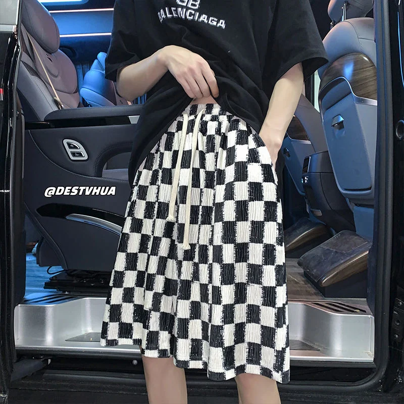

Summer Pleated Shorts Men Fashion Casual Ice Silk Plaid Shorts Men Streetwear Loose Hip-hop Straight Shorts Mens Plus Size M-5XL