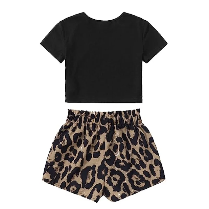 

Girl's Summer 2 Piece Outfits Short Sleeve Crop T-Shirt Top and Cute Leopard Shorts Sets Children Girl Clothing Set Tracksuit
