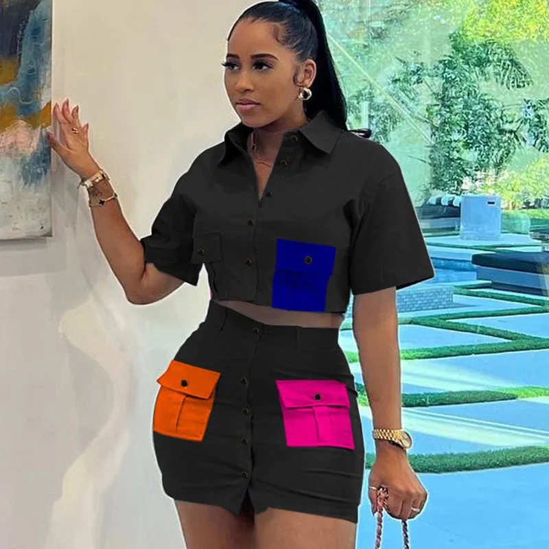 

Znaiml Summer Short Sleeve Pockets Patchwork Top and Mini Skirt Matching 2 Piece Sets Womens Clothing Streetwear Club Outfits