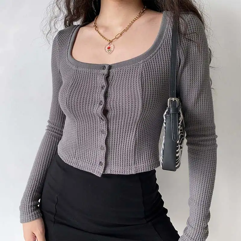 

VONDA Party Blouse Long Sleeve Button Chemise Shirt Women Casual Square Collar Sexy Knitting Blusas Solid Color Chemise Shirts