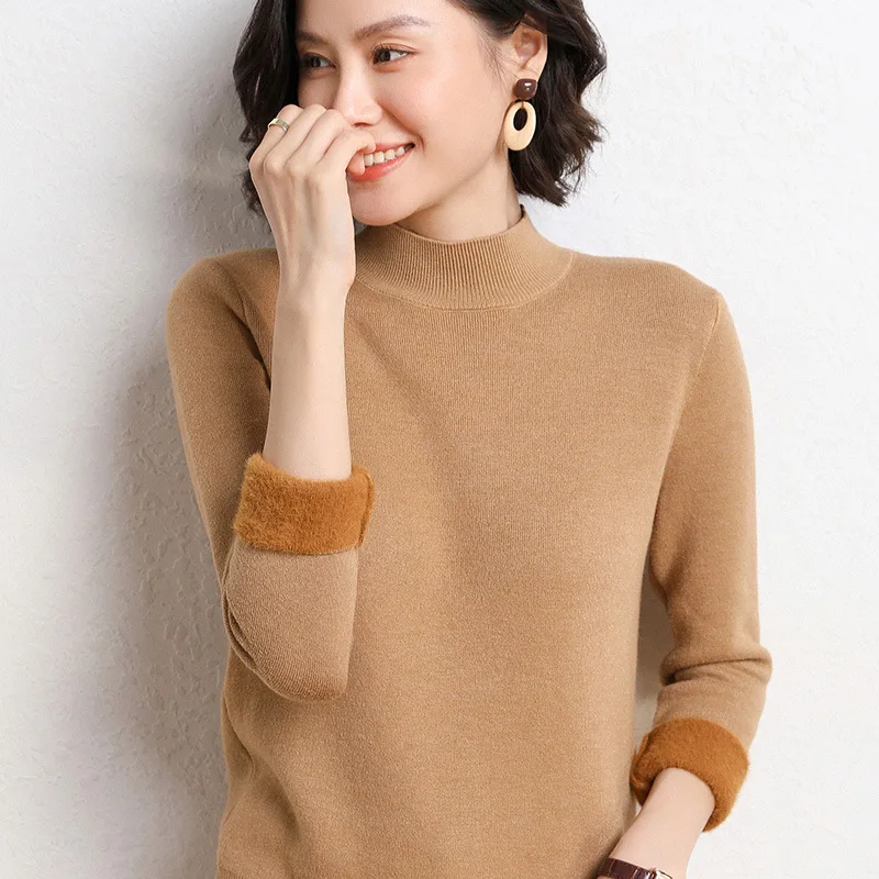 

Sweater for women one plush thickened warm top long sleeve 2023 new autumn/winter wool women's half turtleneck knitwear