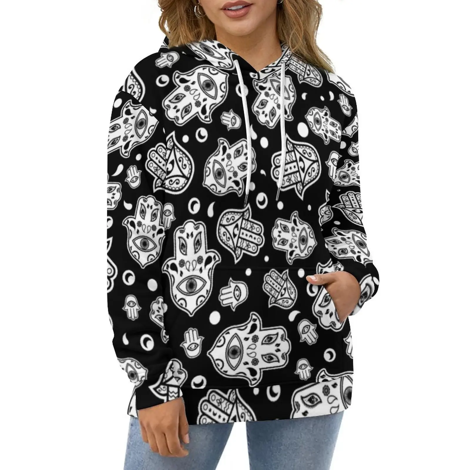 

Black White Hamsa Hand Casual Hoodies Hand of Fatima Pretty Print Loose Hoodie Long-Sleeve Hip Hop Oversize Hooded Sweatshirts