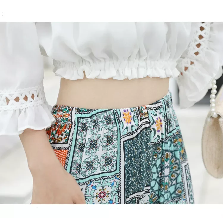 

New2022 Rayon Summer Beach Floral Print Loose Pants Girls High Waist Fashion Casual Pants Elastic Breathable Soft Long Trousers