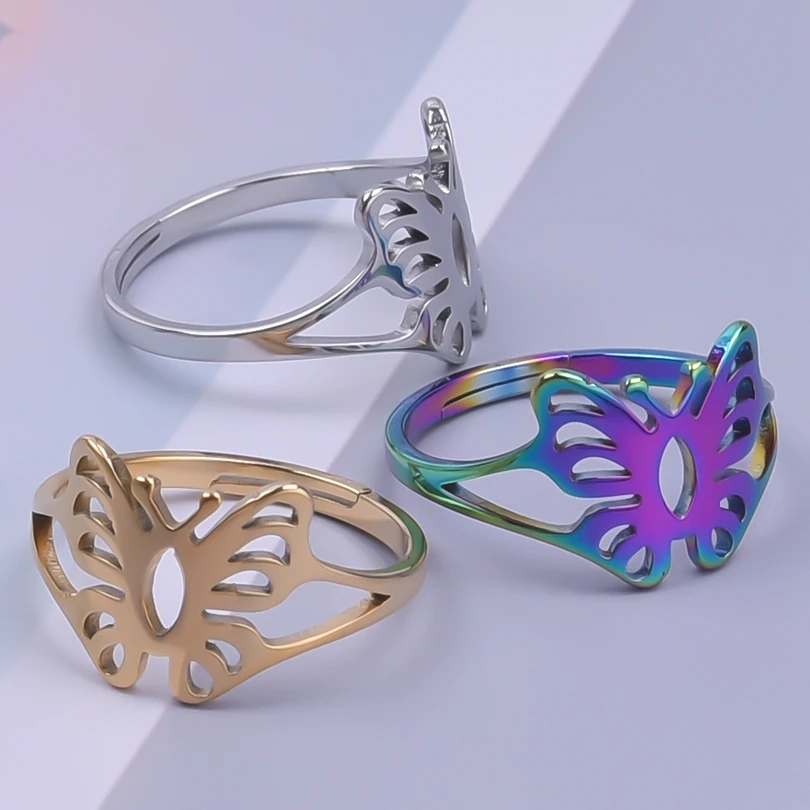 

Animal Flying Butterfly Rings For Women Men Accessories Rainbow/Silver/Gold Color Adjustable Finger Jewelry Stainless Steel Ring