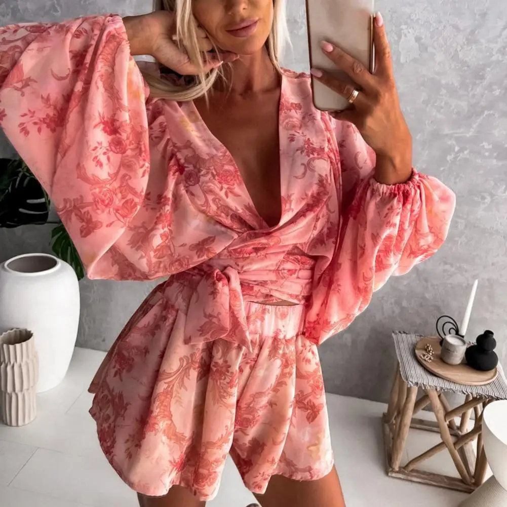 

Deep V-Neck Belt Elastic Waistband Wide Leg Women Romper Flower Print Lantern Long Sleeve Playsuit Jumpsuit Boho Beach Outfit