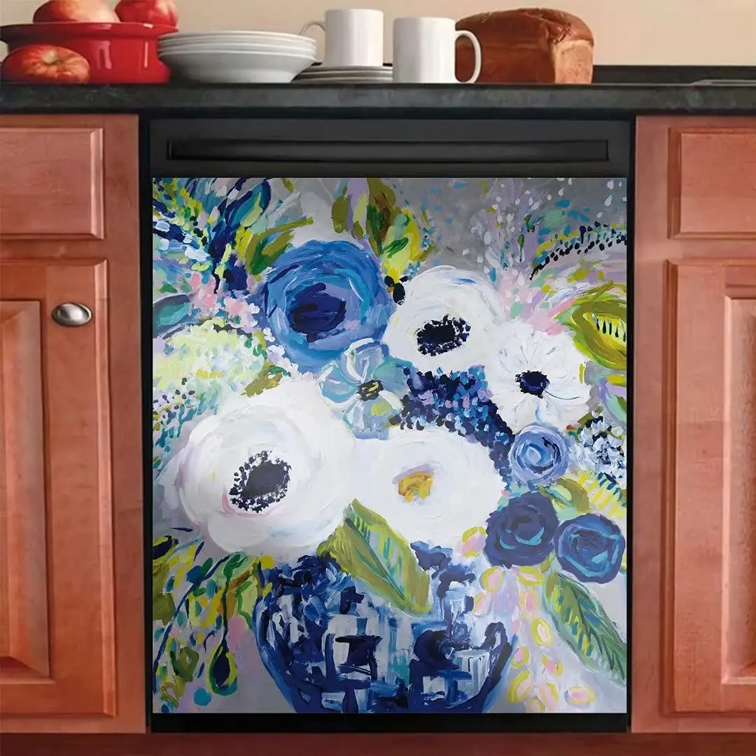 

Lightish White Blue Vase Flowers Oil Painting Decorative Magnetic Dishwasher Sticker,Kitchen Refrigerator Washers Door Cover Mag