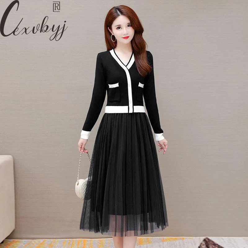 

Women Fake Two Peice Sweater Dress Elegant Mesh Patchwork A-Line Dress Female Vintage Long Sleeve Office Work Midi Knitted Dress