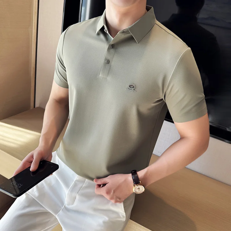 Высокоэластичная вафельная бесшовная рубашка-поло для мужчин летняя Облегающая