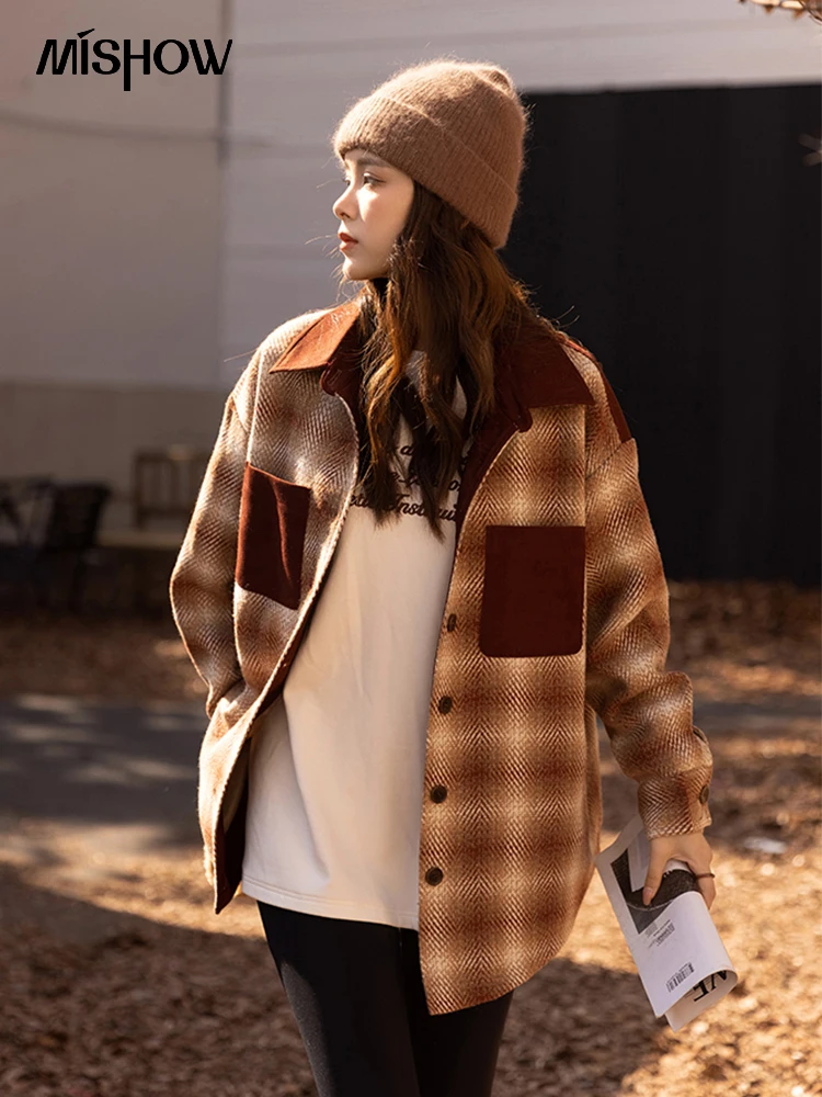 MISHOW Plaid Wool Coat for Women Autumn Winter 2022 Vintage Polo Neck Color Contrast Thickened Medium Long Shirt Coat MXB41C0577