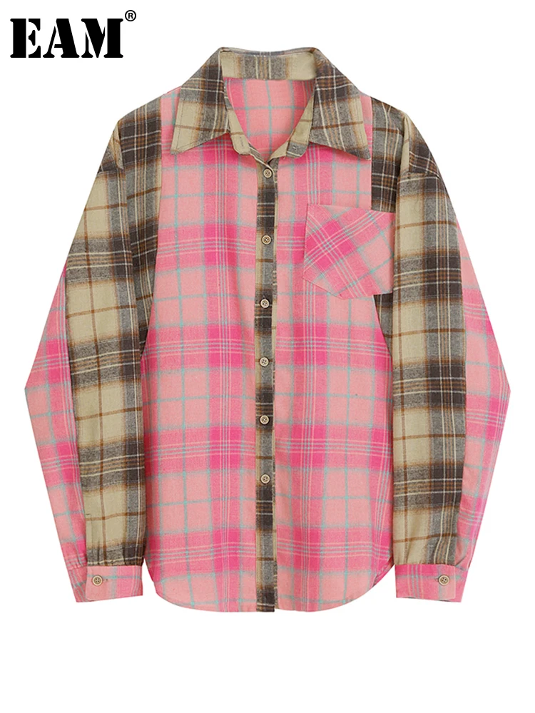 

[EAM] Women Plaid Color-block Big Size Blouse New Lapel Long Sleeve Loose Fit Shirt Fashion Tide Spring Autumn 2023 1DF7383