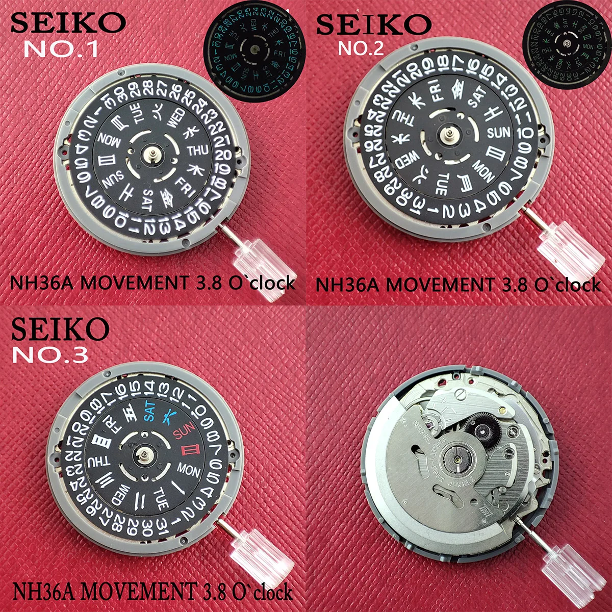 NH36/NH36A Movement JAPAN Original Mechanical Watch luminous Black Date Week Automatic 3.8 O'Clock Crown Watch Replacement Part