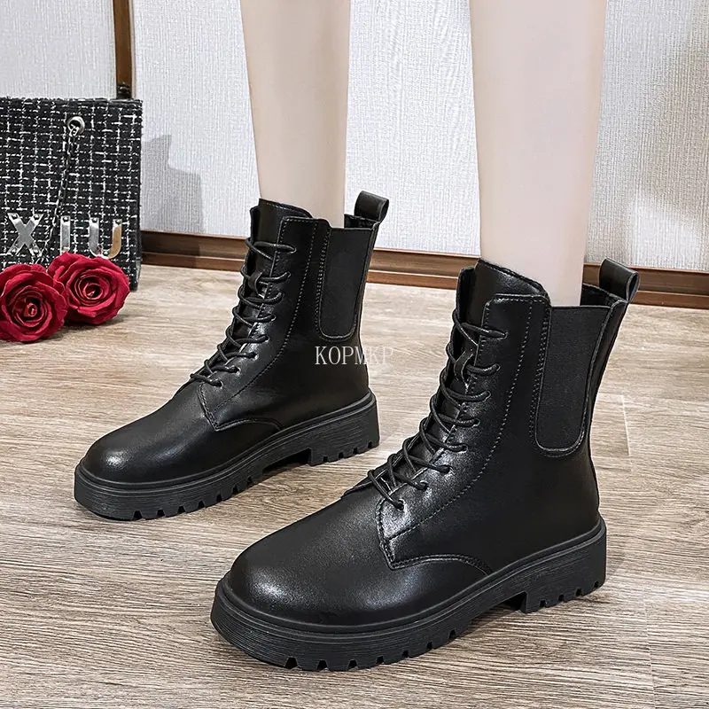 

2023 New Winter Botas Women Motorcycle Ankle Boots Female Lace Up Platforms Black Leather Oxford Shoes Women Botas Mujer 35-40