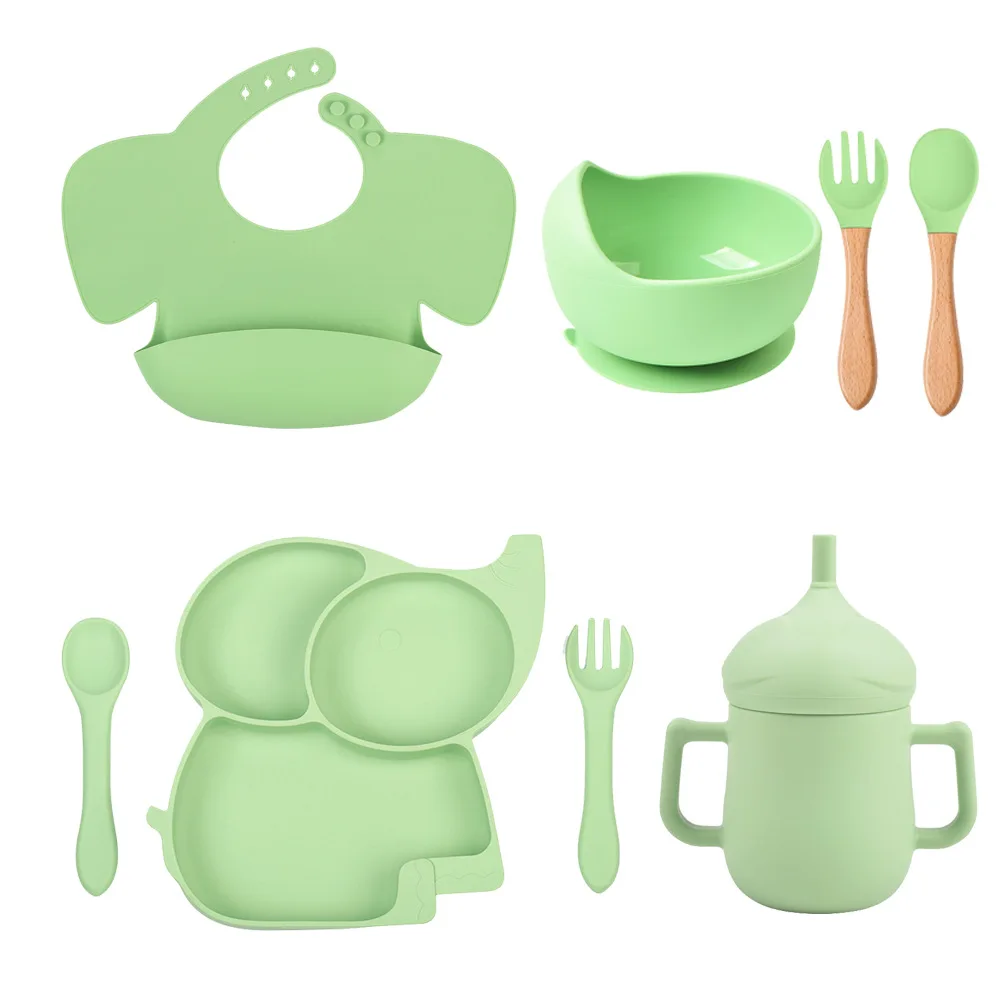 8PC Baby Feeding Set Children Dishes Divided Plate Suction Bowl Kids Food Baby Silicone Tableware Set Wooden Handle Spoon Fork